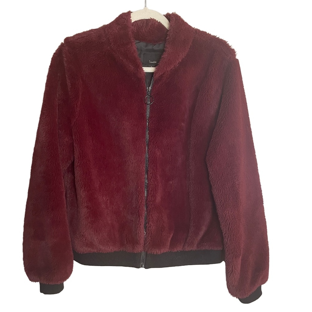 Faux Fake Fur Burgundy Bomber Jacket S  Lumiere